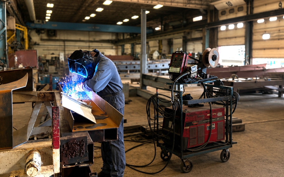 person welding trailer parts